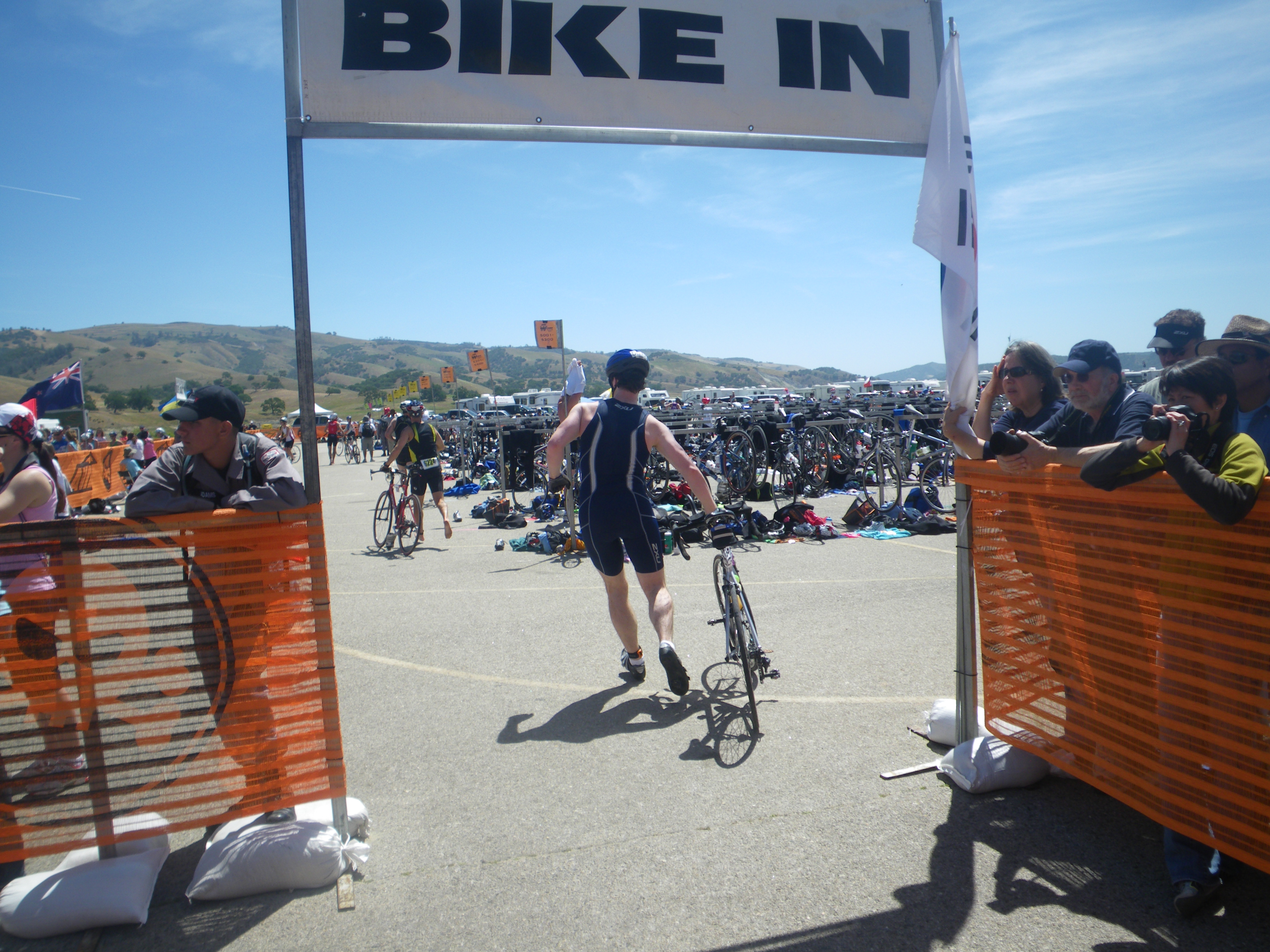 Coming into the pits after the bike